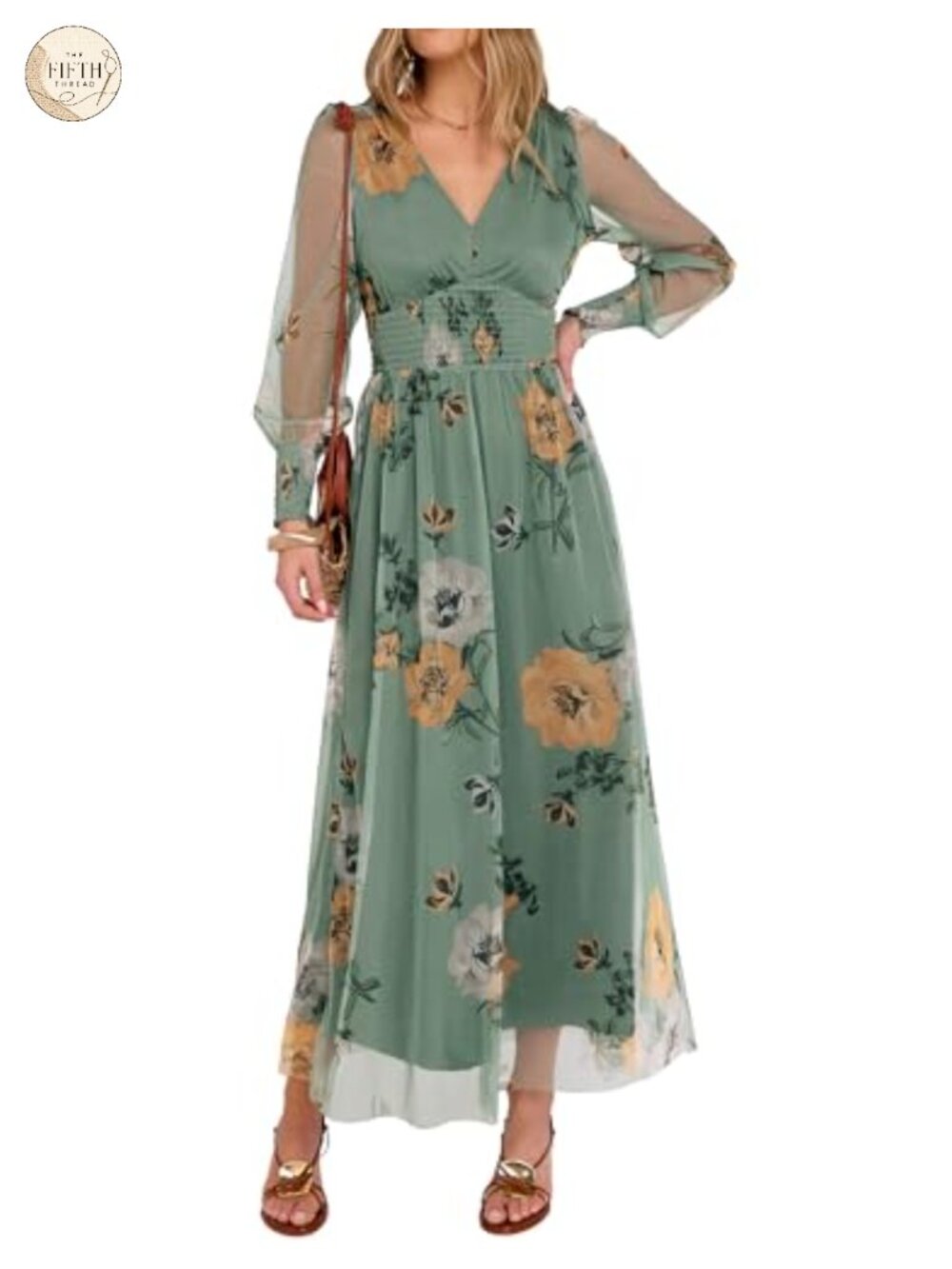 Women's Floral Tulle Long Sleeve Maxi Dress V-Neck Puff Sleeve Wedding Guest
